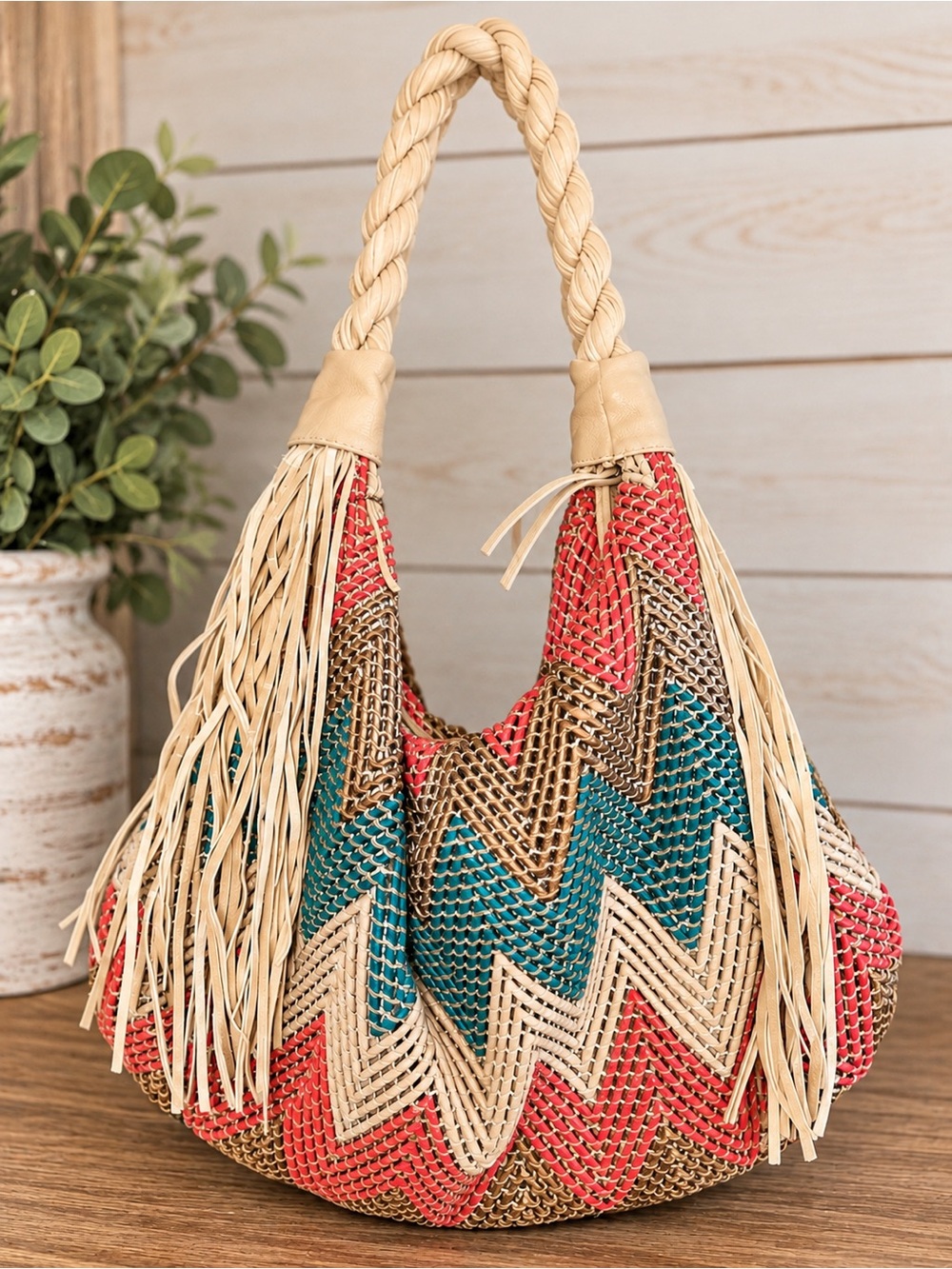 Big Buddha Bohemian Chevron Woven Hobo Bag in Natural, Teal & Coral